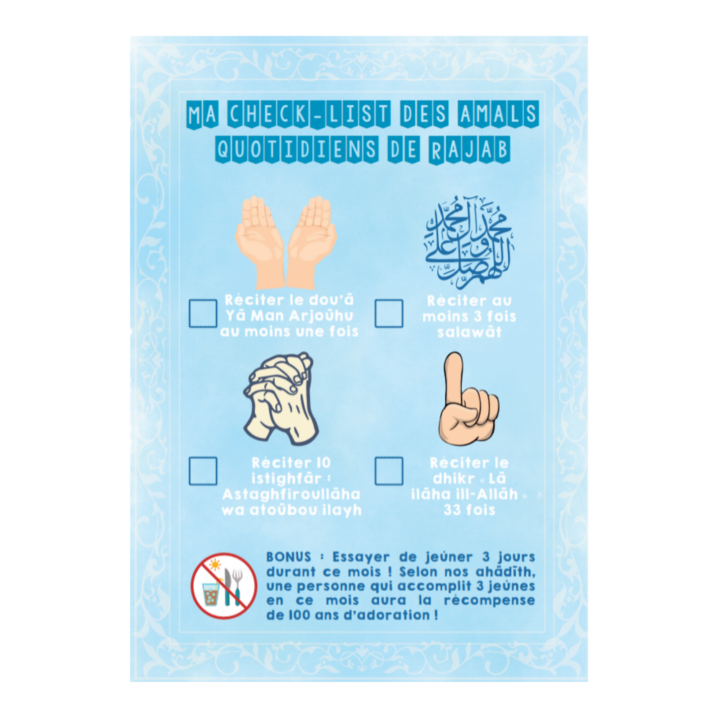 Rajab Amal Daily Checklist | Children (FRENCH)